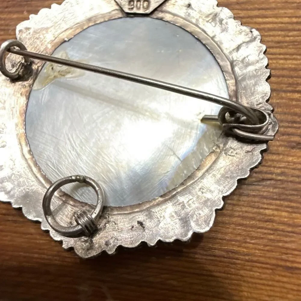 Vintage Jerusalem Silver MOP Filigree Mother of Pearl Brooch Pin Necklace 11.89g